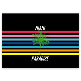 Поздравительная открытка с принтом Miami Paradise в Тюмени, 100% бумага | плотность бумаги 280 г/м2, матовая, на обратной стороне линовка и место для марки
 | america | city | colorful | drawing | grap | miami | palm tree | paradise | recreation | resort | stripes | tree | usa | world | америка | город | графика | дерево | курорт | майами | мировой | надпись | отдых | пальма | полосы | разноцветные | рай | рису