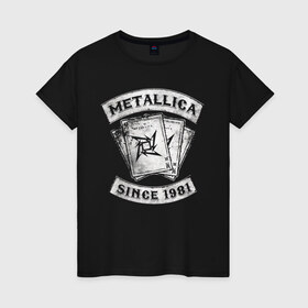 Женская футболка хлопок с принтом Metallica в Тюмени, 100% хлопок | прямой крой, круглый вырез горловины, длина до линии бедер, слегка спущенное плечо | heavy metal | metal | metallica | группы | метал | металлика | музыка | рок | трэш метал | хєви метал