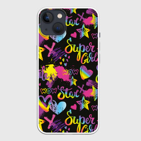 Чехол для iPhone 13 с принтом Super Girl в Тюмени,  |  | girl | hearts | rainbow | raster | spectrum | splashes | spots | star | super | абстракция | брызги | графика | девушка | звезда | кислотный | любовь | мечта | надпись | праздник | пятна | радуга | растр | рисунок | сердца | спектр