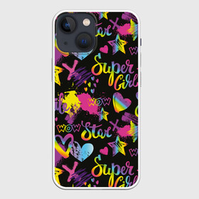 Чехол для iPhone 13 mini с принтом Super Girl в Тюмени,  |  | girl | hearts | rainbow | raster | spectrum | splashes | spots | star | super | абстракция | брызги | графика | девушка | звезда | кислотный | любовь | мечта | надпись | праздник | пятна | радуга | растр | рисунок | сердца | спектр