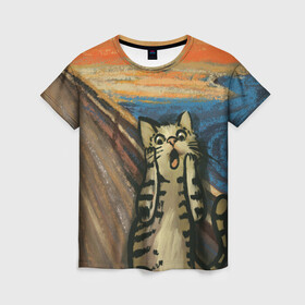 Женская футболка 3D с принтом Крик котика в Тюмени, 100% полиэфир ( синтетическое хлопкоподобное полотно) | прямой крой, круглый вырез горловины, длина до линии бедер | Тематика изображения на принте: cat | картина | кот | котик | котики | коты | котэ | кошак | крик | мем | приколы