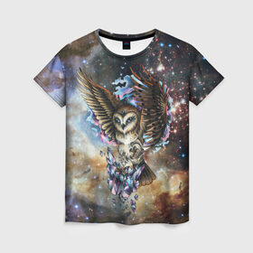 Женская футболка 3D с принтом сова космическая в Тюмени, 100% полиэфир ( синтетическое хлопкоподобное полотно) | прямой крой, круглый вырез горловины, длина до линии бедер | owl | галактика | звезды | космос | млечный путь | ночь | птица | сова | филин