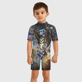 Детский купальный костюм 3D с принтом сова космическая в Тюмени, Полиэстер 85%, Спандекс 15% | застежка на молнии на спине | owl | галактика | звезды | космос | млечный путь | ночь | птица | сова | филин