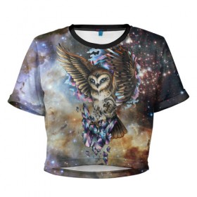 Женская футболка 3D укороченная с принтом сова космическая в Тюмени, 100% полиэстер | круглая горловина, длина футболки до линии талии, рукава с отворотами | owl | галактика | звезды | космос | млечный путь | ночь | птица | сова | филин