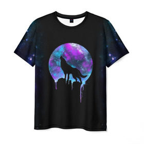 Мужская футболка 3D с принтом волк на фоне луны в Тюмени, 100% полиэфир | прямой крой, круглый вырез горловины, длина до линии бедер | Тематика изображения на принте: wolf | волк | галактика | звезды | кайот | космос | луна | млечный путь | ночь | собака