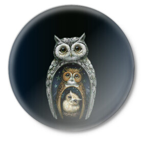 Значок с принтом сова-матрешка в Тюмени,  металл | круглая форма, металлическая застежка в виде булавки | owl | матрешка | ночь | птица | сова | филин