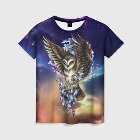 Женская футболка 3D с принтом сова в Тюмени, 100% полиэфир ( синтетическое хлопкоподобное полотно) | прямой крой, круглый вырез горловины, длина до линии бедер | owl | галактика | звезды | космос | млечный путь | ночь | птица | сова | филин