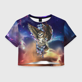 Женская футболка 3D укороченная с принтом сова в Тюмени, 100% полиэстер | круглая горловина, длина футболки до линии талии, рукава с отворотами | owl | галактика | звезды | космос | млечный путь | ночь | птица | сова | филин