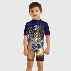 Детский купальный костюм 3D с принтом сова в Тюмени, Полиэстер 85%, Спандекс 15% | застежка на молнии на спине | owl | галактика | звезды | космос | млечный путь | ночь | птица | сова | филин