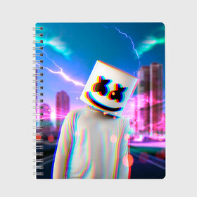 Тетрадь с принтом Marshmello Glitch в Тюмени, 100% бумага | 48 листов, плотность листов — 60 г/м2, плотность картонной обложки — 250 г/м2. Листы скреплены сбоку удобной пружинной спиралью. Уголки страниц и обложки скругленные. Цвет линий — светло-серый
 | Тематика изображения на принте: christopher | comstock | dj | dotcom | fortnite | friends | glitch | marshmallow | marshmello | usa | глитч | диджей | друзья | зефир | комсток | крис | мармелад | маршмэллоу | молнии | музыка | продюсер | сша | фортнайт | хаус | электро