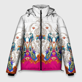 Мужская зимняя куртка 3D с принтом Цветочный орнамент в Тюмени, верх — 100% полиэстер; подкладка — 100% полиэстер; утеплитель — 100% полиэстер | длина ниже бедра, свободный силуэт Оверсайз. Есть воротник-стойка, отстегивающийся капюшон и ветрозащитная планка. 

Боковые карманы с листочкой на кнопках и внутренний карман на молнии. | Тематика изображения на принте: branches | ethnic | fashion | flora | flowers | graphic | leaves | ornament | pattern | petals | style | youth | белый | ветки | графика | искусство | лепестки | листья | мода | молодежный | орнамент | рисунок | розовый | стиль | узор | фл