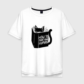 Мужская футболка хлопок Oversize с принтом How To Train Your Human в Тюмени, 100% хлопок | свободный крой, круглый ворот, “спинка” длиннее передней части | дрессировка | книга | кот | котейка | котенок | котэ | котя | кошка | тренироваться | тренировка | усатый | чтение | юмор