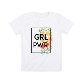 Детская футболка хлопок с принтом GRL PWR в Тюмени, 100% хлопок | круглый вырез горловины, полуприлегающий силуэт, длина до линии бедер | 8 марта | feminism | girl power | like a girl | venus | весна | женщины | международный женский день | подарок | феминизм