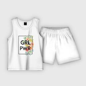 Детская пижама с шортами хлопок с принтом GRL PWR в Тюмени,  |  | Тематика изображения на принте: 8 марта | feminism | girl power | like a girl | venus | весна | женщины | международный женский день | подарок | феминизм