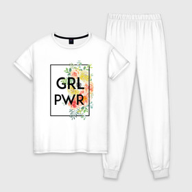 Женская пижама хлопок с принтом GRL PWR в Тюмени, 100% хлопок | брюки и футболка прямого кроя, без карманов, на брюках мягкая резинка на поясе и по низу штанин | Тематика изображения на принте: 8 марта | feminism | girl power | like a girl | venus | весна | женщины | международный женский день | подарок | феминизм