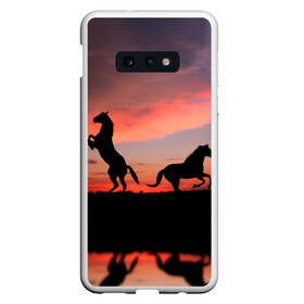 Чехол для Samsung S10E с принтом Кони на закате в Тюмени, Силикон | Область печати: задняя сторона чехла, без боковых панелей | животные | закат | кони | конь | лошади | лошадь | природа