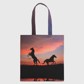 Сумка 3D повседневная с принтом Кони на закате в Тюмени, 100% полиэстер | Плотность: 200 г/м2; Размер: 34×35 см; Высота лямок: 30 см | животные | закат | кони | конь | лошади | лошадь | природа