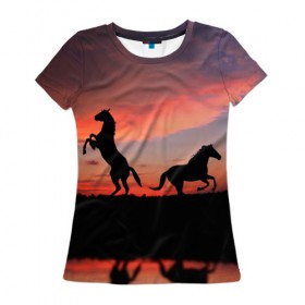 Женская футболка 3D с принтом Кони на закате в Тюмени, 100% полиэфир ( синтетическое хлопкоподобное полотно) | прямой крой, круглый вырез горловины, длина до линии бедер | животные | закат | кони | конь | лошади | лошадь | природа