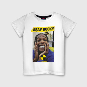 Детская футболка хлопок с принтом A$AP ROCKY в Тюмени, 100% хлопок | круглый вырез горловины, полуприлегающий силуэт, длина до линии бедер | Тематика изображения на принте: aap | asap | mob | rap | rocky | testing | асап | банда | моб | раким | реп | роки | рэп | рэпер | тестинг | эйсап | эсап