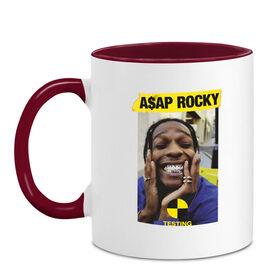 Кружка двухцветная с принтом A$AP ROCKY в Тюмени, керамика | объем — 330 мл, диаметр — 80 мм. Цветная ручка и кайма сверху, в некоторых цветах — вся внутренняя часть | Тематика изображения на принте: aap | asap | mob | rap | rocky | testing | асап | банда | моб | раким | реп | роки | рэп | рэпер | тестинг | эйсап | эсап