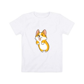 Детская футболка хлопок с принтом Корги Лапочка в Тюмени, 100% хлопок | круглый вырез горловины, полуприлегающий силуэт, длина до линии бедер | animal | corgi | dog | добрый | животное | животные | корги | пес | песик | собака | собачка | язык
