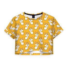 Женская футболка Cropp-top с принтом Корги Паттерн 2 в Тюмени, 100% полиэстер | круглая горловина, длина футболки до линии талии, рукава с отворотами | Тематика изображения на принте: веселый | лапочка | милый | мимими | оранжевый | пес | песик | собака | счастье | щенок