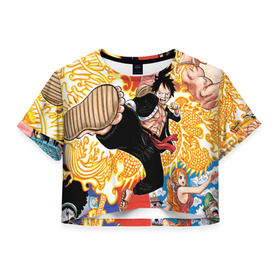 Женская футболка Cropp-top с принтом One Piece в Тюмени, 100% полиэстер | круглая горловина, длина футболки до линии талии, рукава с отворотами | anime | asian | asiatic | big | cat | crow | giant | hat | huge | japonese | karasu | kyojin | manga | neko | one piece | oppai | oriental | power | powerful | tophat | weapon | woma | аниме | манга | япония