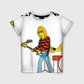 Детская футболка 3D с принтом Nirvana в стиле simpsons в Тюмени, 100% гипоаллергенный полиэфир | прямой крой, круглый вырез горловины, длина до линии бедер, чуть спущенное плечо, ткань немного тянется | nirvana | simpsons | барабаны | басы | гитара | курт | курт кобейн | музыканты | мультик | нирвана | рок | симпсоны