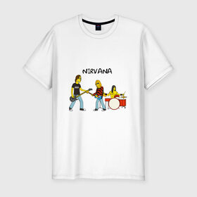 Мужская футболка премиум с принтом Nirvana в стиле simpsons в Тюмени, 92% хлопок, 8% лайкра | приталенный силуэт, круглый вырез ворота, длина до линии бедра, короткий рукав | nirvana | simpsons | барабаны | басы | гитара | курт | курт кобейн | музыканты | мультик | нирвана | рок | симпсоны
