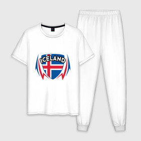 Мужская пижама хлопок с принтом Исландия в Тюмени, 100% хлопок | брюки и футболка прямого кроя, без карманов, на брюках мягкая резинка на поясе и по низу штанин
 | Тематика изображения на принте: coach | football | game | iceland | soccer | sport | team | викинг | вратарь | гол | игра | игрок | исландия | кубок | мяч | победа | сборная | соккер | спорт | спортсмен | тренер | флаг | футбол | футболист | чемпион | чемпионат