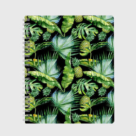 Тетрадь с принтом Ананасы в Тюмени, 100% бумага | 48 листов, плотность листов — 60 г/м2, плотность картонной обложки — 250 г/м2. Листы скреплены сбоку удобной пружинной спиралью. Уголки страниц и обложки скругленные. Цвет линий — светло-серый
 | Тематика изображения на принте: branches | fashion | flora | fruit | leaves | nature | palm trees | pineapples | style | tropical | youth | акварель | ананасы | ветки | графика | иллюстрация | картинка | листья | мода | молодежная | пальмы | природа | рисунок | стиль