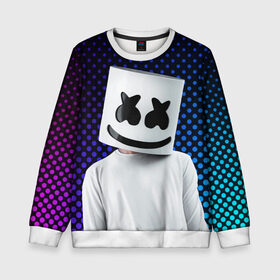 Детский свитшот 3D с принтом MARSHMELLO в Тюмени, 100% полиэстер | свободная посадка, прямой крой, мягкая тканевая резинка на рукавах и понизу свитшота | Тематика изображения на принте: marsh | marshmallow | marshmello | marshmelo | mello | music | smile | диджей | лого | маршмеллов | маршмеллоу | маршмеллу | маршмело | маршмелов | маршмелоу | музыка | музыкант | рожица | трэп | улыбка | хаус