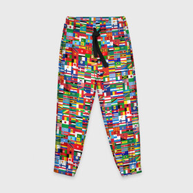 Детские брюки 3D с принтом ФЛАГИ в Тюмени, 100% полиэстер | манжеты по низу, эластичный пояс регулируется шнурком, по бокам два кармана без застежек, внутренняя часть кармана из мелкой сетки | pattern | материки | мир | паттерн | страны | текстура | флаги | флаги мира | флажки