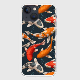 Чехол для iPhone 13 mini с принтом Карпы кои в Тюмени,  |  | carp | fish | koi | белые | вода | волны | графика | золотая | иллюстрация | карпы | картинка | кои | косяк | красные | мода | молодежная | оранжевые | орнамент | плеск | плывут | природа | пузыри | пятна