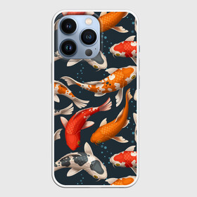 Чехол для iPhone 13 Pro с принтом Карпы кои в Тюмени,  |  | carp | fish | koi | белые | вода | волны | графика | золотая | иллюстрация | карпы | картинка | кои | косяк | красные | мода | молодежная | оранжевые | орнамент | плеск | плывут | природа | пузыри | пятна