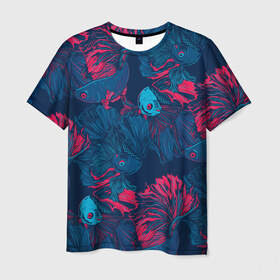 Мужская футболка 3D с принтом Бойцовые рыбки петушок в Тюмени, 100% полиэфир | прямой крой, круглый вырез горловины, длина до линии бедер | aquarium | asia | cockerel | fighting | fish | nature | swim | азия | аквариумные | бойцовые | вода | графика | иллюстрация | картинка | косяк | красный | мода | молодежная | орнамент | петушок | плавают | природа | рисунок