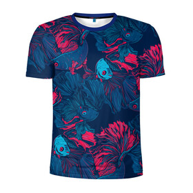 Мужская футболка 3D спортивная с принтом Бойцовые рыбки петушок в Тюмени, 100% полиэстер с улучшенными характеристиками | приталенный силуэт, круглая горловина, широкие плечи, сужается к линии бедра | aquarium | asia | cockerel | fighting | fish | nature | swim | азия | аквариумные | бойцовые | вода | графика | иллюстрация | картинка | косяк | красный | мода | молодежная | орнамент | петушок | плавают | природа | рисунок