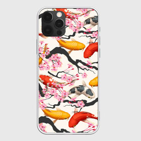 Чехол для iPhone 12 Pro Max с принтом Карпы кои Сакура в Тюмени, Силикон |  | Тематика изображения на принте: fightin | белые | ветки | вишня | графика | золотая | иллюстрация | карпы | картинка | кои | косяк | красные | мода | молодежная | оранжевые | орнамент | плывут | природа | пятна | рисунок | розовая | рыба