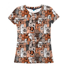 Женская футболка 3D с принтом Коты и собаки в Тюмени, 100% полиэфир ( синтетическое хлопкоподобное полотно) | прямой крой, круглый вырез горловины, длина до линии бедер | animals | breed | cats | different | dogs | domestic | kittens | puppies | весёлые | графика | добрые | домашние | животные | иллюстрация | картинка | коллаж | коты | котята | мода | молодежная | полосатые | порода | разные | рисунок