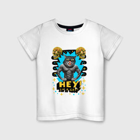 Детская футболка хлопок с принтом Hey! I`m a cat! в Тюмени, 100% хлопок | круглый вырез горловины, полуприлегающий силуэт, длина до линии бедер | абстракция | голова кошки | звездочки | звезды | кошачьи глаза | кошка | психоделика | трэш | человеческое тело | череп | эй | я кот