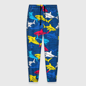 Мужские брюки 3D с принтом Акулы в Тюмени, 100% полиэстер | манжеты по низу, эластичный пояс регулируется шнурком, по бокам два кармана без застежек, внутренняя часть кармана из мелкой сетки | blue | drawin | fashion | fish | illustration | ocean | predator | red | sea | sharks | style | water | yellow | youth | акулы | вода | графика | жёлтый | иллюстрация | картинка | красный | мода | молодежная | море | океан | рисунок | рыба | син