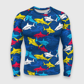 Мужской рашгард 3D с принтом Акулы в Тюмени,  |  | blue | drawin | fashion | fish | illustration | ocean | predator | red | sea | sharks | style | water | yellow | youth | акулы | вода | графика | жёлтый | иллюстрация | картинка | красный | мода | молодежная | море | океан | рисунок | рыба | син