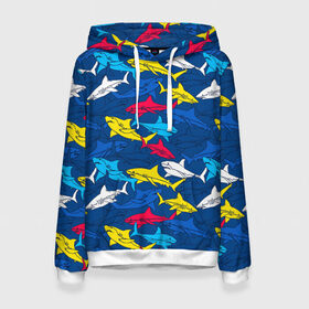Женская толстовка 3D с принтом Акулы в Тюмени, 100% полиэстер  | двухслойный капюшон со шнурком для регулировки, мягкие манжеты на рукавах и по низу толстовки, спереди карман-кенгуру с мягким внутренним слоем. | blue | drawin | fashion | fish | illustration | ocean | predator | red | sea | sharks | style | water | yellow | youth | акулы | вода | графика | жёлтый | иллюстрация | картинка | красный | мода | молодежная | море | океан | рисунок | рыба | син