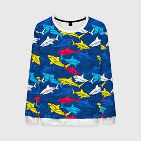 Мужской свитшот 3D с принтом Акулы в Тюмени, 100% полиэстер с мягким внутренним слоем | круглый вырез горловины, мягкая резинка на манжетах и поясе, свободная посадка по фигуре | Тематика изображения на принте: blue | drawin | fashion | fish | illustration | ocean | predator | red | sea | sharks | style | water | yellow | youth | акулы | вода | графика | жёлтый | иллюстрация | картинка | красный | мода | молодежная | море | океан | рисунок | рыба | син