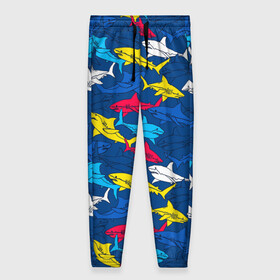 Женские брюки 3D с принтом Акулы в Тюмени, полиэстер 100% | прямой крой, два кармана без застежек по бокам, с мягкой трикотажной резинкой на поясе и по низу штанин. В поясе для дополнительного комфорта — широкие завязки | blue | drawin | fashion | fish | illustration | ocean | predator | red | sea | sharks | style | water | yellow | youth | акулы | вода | графика | жёлтый | иллюстрация | картинка | красный | мода | молодежная | море | океан | рисунок | рыба | син