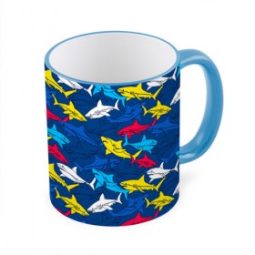Кружка с принтом Акулы в Тюмени, керамика | ёмкость 330 мл | blue | drawin | fashion | fish | illustration | ocean | predator | red | sea | sharks | style | water | yellow | youth | акулы | вода | графика | жёлтый | иллюстрация | картинка | красный | мода | молодежная | море | океан | рисунок | рыба | син