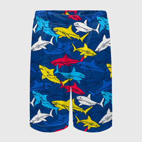 Детские спортивные шорты 3D с принтом Акулы в Тюмени,  100% полиэстер
 | пояс оформлен широкой мягкой резинкой, ткань тянется
 | blue | drawin | fashion | fish | illustration | ocean | predator | red | sea | sharks | style | water | yellow | youth | акулы | вода | графика | жёлтый | иллюстрация | картинка | красный | мода | молодежная | море | океан | рисунок | рыба | син