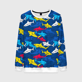 Женский свитшот 3D с принтом Акулы в Тюмени, 100% полиэстер с мягким внутренним слоем | круглый вырез горловины, мягкая резинка на манжетах и поясе, свободная посадка по фигуре | blue | drawin | fashion | fish | illustration | ocean | predator | red | sea | sharks | style | water | yellow | youth | акулы | вода | графика | жёлтый | иллюстрация | картинка | красный | мода | молодежная | море | океан | рисунок | рыба | син