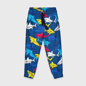 Детские брюки 3D с принтом Акулы в Тюмени, 100% полиэстер | манжеты по низу, эластичный пояс регулируется шнурком, по бокам два кармана без застежек, внутренняя часть кармана из мелкой сетки | blue | drawin | fashion | fish | illustration | ocean | predator | red | sea | sharks | style | water | yellow | youth | акулы | вода | графика | жёлтый | иллюстрация | картинка | красный | мода | молодежная | море | океан | рисунок | рыба | син