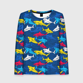 Женский лонгслив 3D с принтом Акулы в Тюмени, 100% полиэстер | длинные рукава, круглый вырез горловины, полуприлегающий силуэт | blue | drawin | fashion | fish | illustration | ocean | predator | red | sea | sharks | style | water | yellow | youth | акулы | вода | графика | жёлтый | иллюстрация | картинка | красный | мода | молодежная | море | океан | рисунок | рыба | син